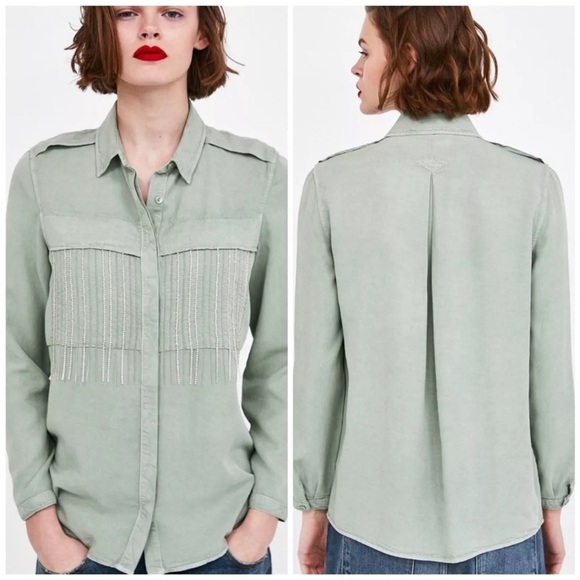Zara Western Shirt Crystal Fringe Button Front Long  Sleeve Sage Green Small - Picture 2 of 10